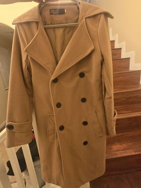 Women's Double-Breasted Camel Pea Coat - Classic Tailored Style